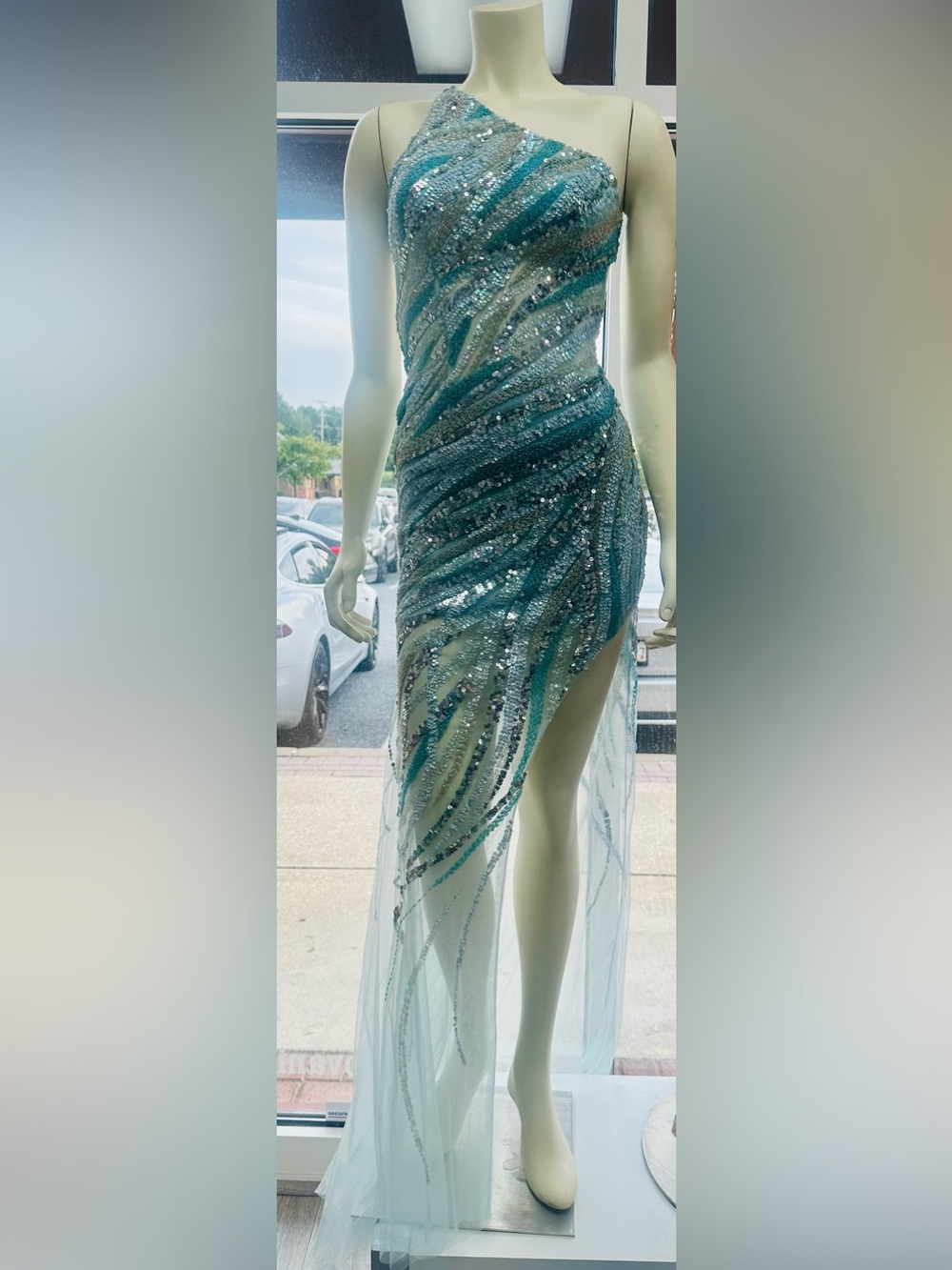 Jovani Light Blue One-Shoulder Sequin Sheath Gown